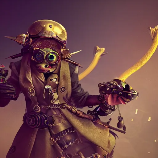 Image similar to rat warrior with steampunk goggles, clockwork, octane render, epic, cinematic, psychedelic, lsd, by ruan jia