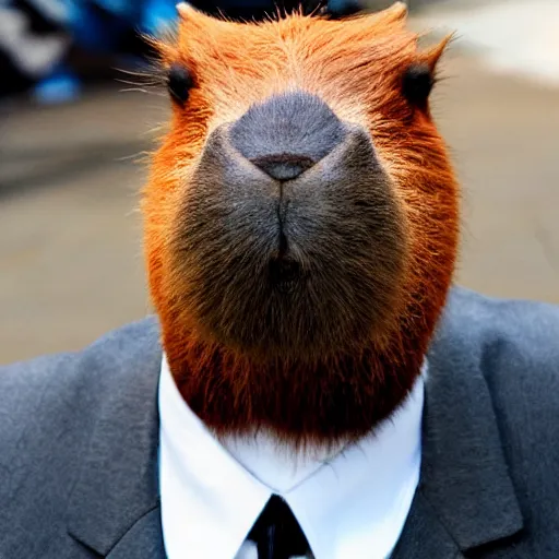 Image similar to capybara head, a man wearing a suit capybara head (smoking cigar)