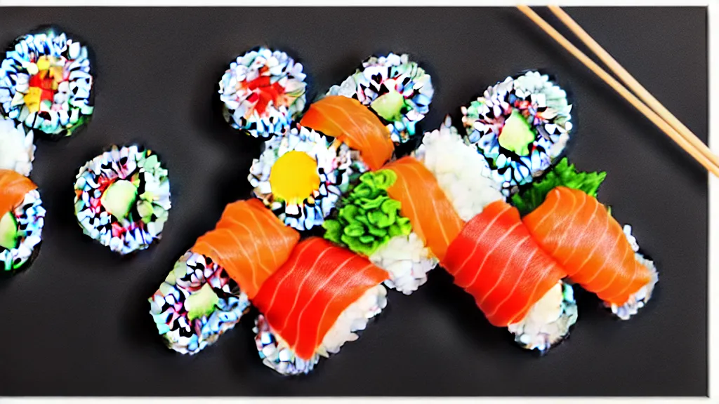 Image similar to an arrangement sushi, japan, a collage painting, in the style of wes anderson, lola dupre, david hockney, isolated on negative white space background dark monochrome neon spraypaint accents volumetric octane render