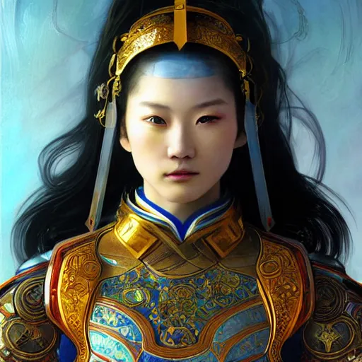 Image similar to beautiful and divine and holy and elite and colorlpunk young three kingdom chinese female armor knight portrait +shinnyy eyes+front face with light flowing hair, ultradetail face, art and illustration by tian zi and craig mullins and WLOP and alphonse mucha, fantasy, intricate complexity, human structure, human anatomy, fantasy character concept, watermark, blurry, hyperrealism 8k