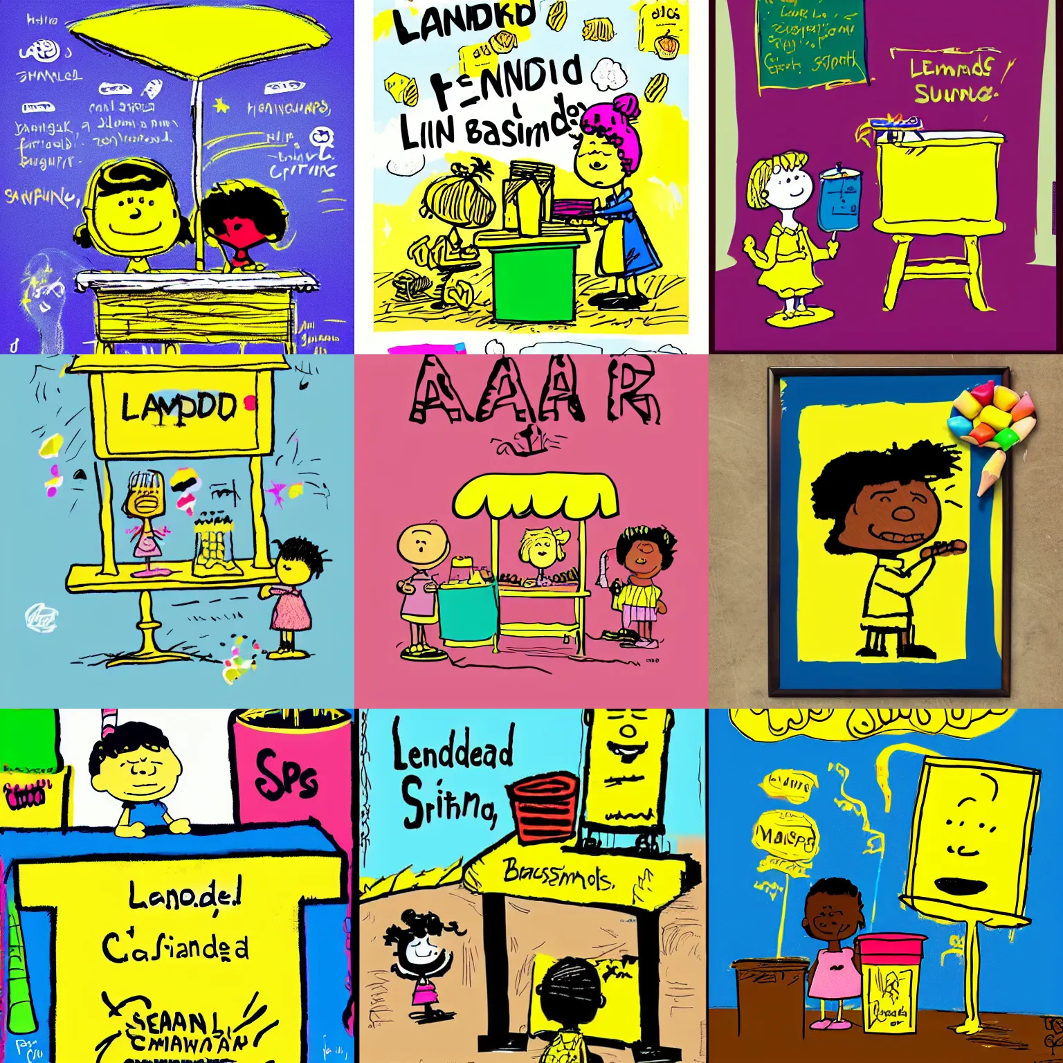 Prompt: a cute kid's crayon drawing poster design of a lucrative lemonade stand owned by a young business savvy 👧🏿 entrepreneur, artstation, in the style of peanuts, by basquiat and rossdraws, masterpiece, hd, award winning,