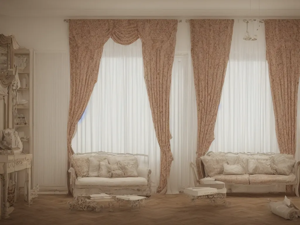 Image similar to 3D render of vintage interior house with very large curtains , High detail, Octane Render, pastel colors , lens 28mm, f 8,