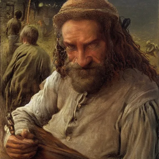 Image similar to jean francois millet as slum neighborhood on lord of the ring, random content position, realistic human face details with, emotion, environment contents detail, incrinate, delete duplicated content, rgb color