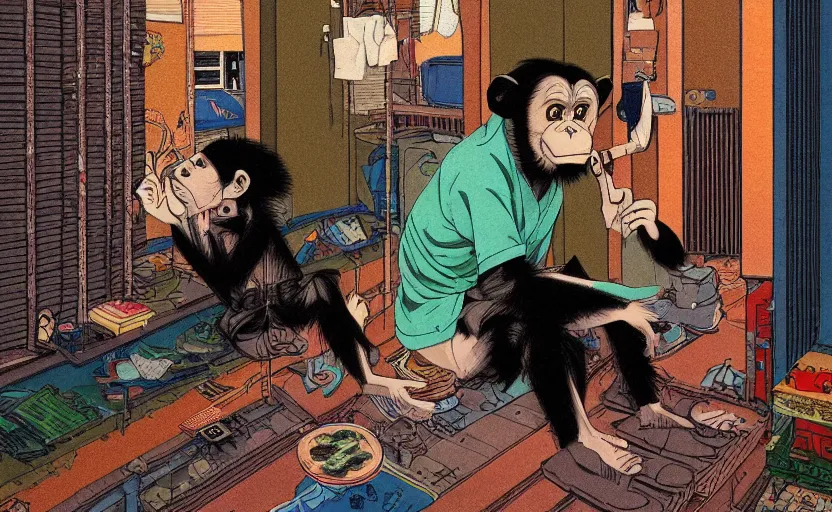 Prompt: a funny chimpanzee smoking weed in a rundown apartment, digital painting masterpiece, painted by joji morikawa, by osamu tezuka, by yukito kishiro, by ikuto yamashita, 4 k wallpaper, beautiful, gorgeous, intricate detail