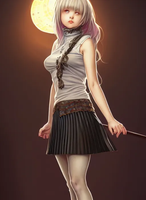 Image similar to portrait of a full body of beautiful young female detective, d & d, sleeveless turtleneck, pleated skirt, fantasy, flat lighting, intricate, highly detailed, digital painting, artstation, concept art, smooth, sharp focus, illustration, misa amane, art by simon bisley and greg rutkowski and alphonse mucha, natural tpose