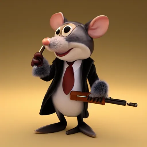 Image similar to 3d anthropomorphic rat, disney pixar, holding tommy gun, velvet, fur coat, high quality, golden necklace, fendi, high fashion