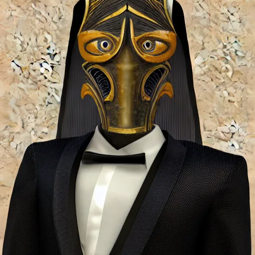 Image similar to dagoth ur mask in a tuxedo straightening his tie photo realistic very very very realistic expertly detailed digital artwork