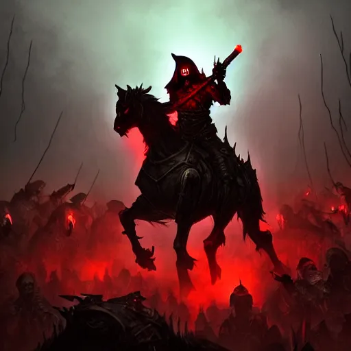 Prompt: a dark hooded general with glowing red eyes rides his horse above an army of zombies and ghouls, dark, D&D, Fantasy, MTG, heroic, Artstation, silhouette