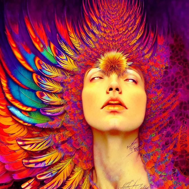 Image similar to face of innocent psychedelic transcendent feather mind bending psychedelic wings of glossy liquid honey flowing like kaleidoscopic translucent holograph, lsd feathers, feathery fluff, enlightenment, high contrast dappled lighting, refracted sunset, highly detailed, concept art, art by collier, albert aublet, krenz cushart, artem demura, alphonse mucha