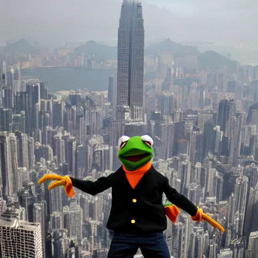 Prompt: kermit the frog scaling the empire state building like hong kong