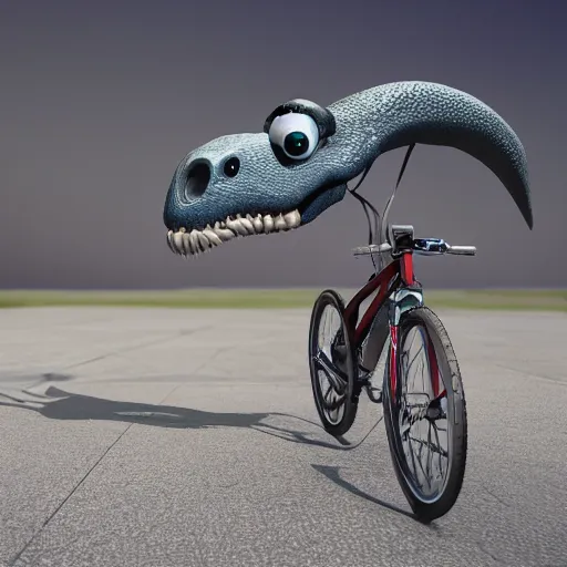 Image similar to Octane render of a silly dinosaur riding a bike outside, 8k, very intricate, very detailed,