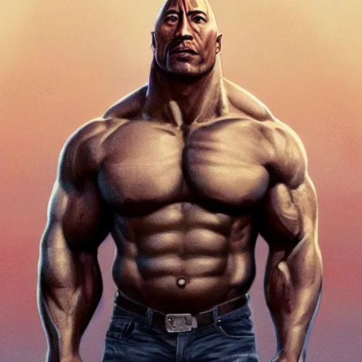 Image similar to clear portrait of dwayne johnson, adorable appearance!!!, golden hour, happy apearance, cottagecore!!, background hyper detailed, character concept, full body, dynamic pose, intricate, elegant, highly detailed, digital painting, artstation, concept art, smooth, sharp focus, illustration, art by artgerm and greg rutkowski and alphonse mucha