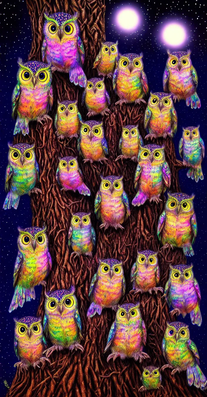 Prompt: realistic photo of too many small psychedelic owls sitting on big tree at night, very sharp focus, dark background, in the style of greg rutsowski, very hyper realistic, highly detailed, fantasy art station