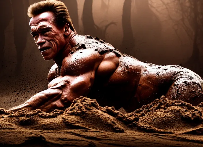 Prompt: photo of schwarzenegger mud bending at predator. fantasy magic style. highly detailed 8 k. intricate. lifelike. soft light. sony a 7 r iv 5 5 mm. cinematic post - processing