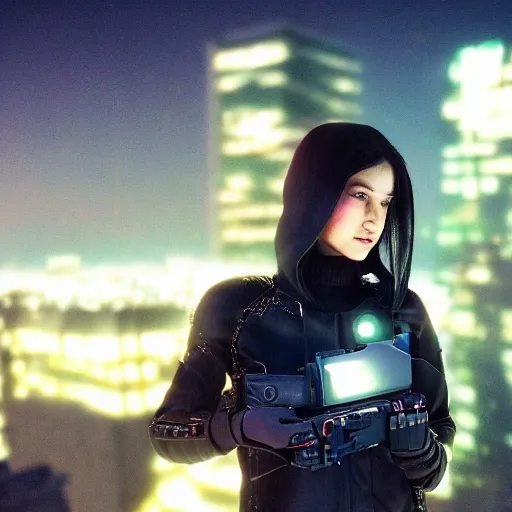 Image similar to cinestill 5 0 d candid photographic portrait of a techwear woman holding a gun on the rooftop of a futuristic city at night, closeup, modern cyberpunk moody emotional cinematic, clear skies, 8 k, hd, high resolution, 3 5 mm, f / 3 2, ultra realistic faces, ex machina