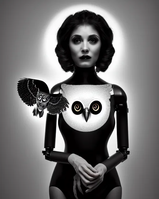 Image similar to surreal mythical dreamy dark artistic black and white fine art 3 / 4 portrait photo of a young delicate female robot with orchid - owl face, rim light, cinematic, studio dramatic light, poetic, octane render, 8 k, photo - realistic by hg giger
