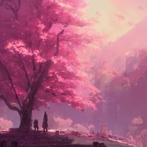 Image similar to a beautiful pink tree growing out of apocalyptic ruins. Makoto Shinkai, anime, trending on ArtStation, digital art.
