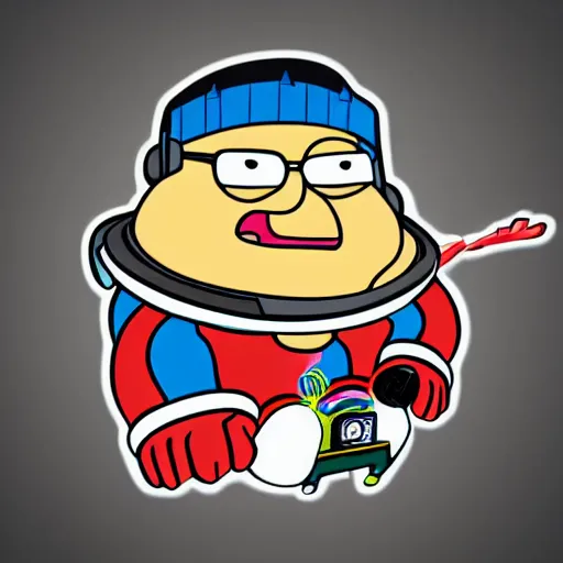 Image similar to svg sticker of a Family-Guy Peter-Griffin at a rave, spinning records, giant headphones rocking out, wearing headphones, huge speakers, dancing, rave, DJ, spinning records, digital art, amazing composition, rule-of-thirds, award-winning, trending on artstation, featured on deviantart