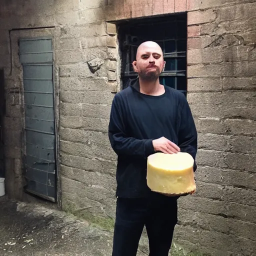 Prompt: photo of a very suspicious shady man holding cheese in a dark alleyway