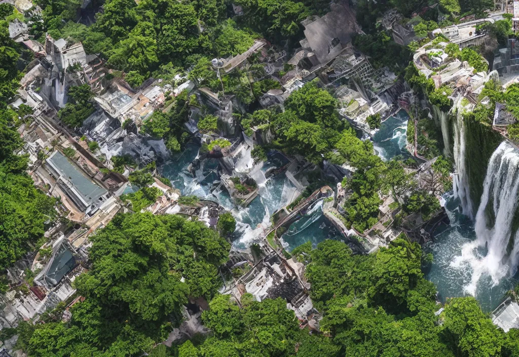 Prompt: outdoor design, 行 云 流 水, a waterfall in the middle of two buildings, high details, 4 k, panorama