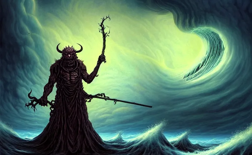 Image similar to beautiful digital fantasy illustration of a demon holding a staff!!, hellish background, a giant wave in the sky, apocalypse art!!!!, apocalypse landscape!!!!!, lovecraftian!!, cosmic horror!!!, concept art by Jarosław Jaśnikowski, a detailed matte painting by Dan Luvisi, cgsociety, fantasy art, highly detailed, soft lighting, rendered in octane, masterpiece, very very very aesthetic