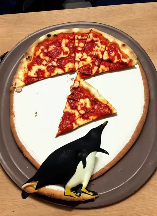 Prompt: a penguin eating a slice of pizza