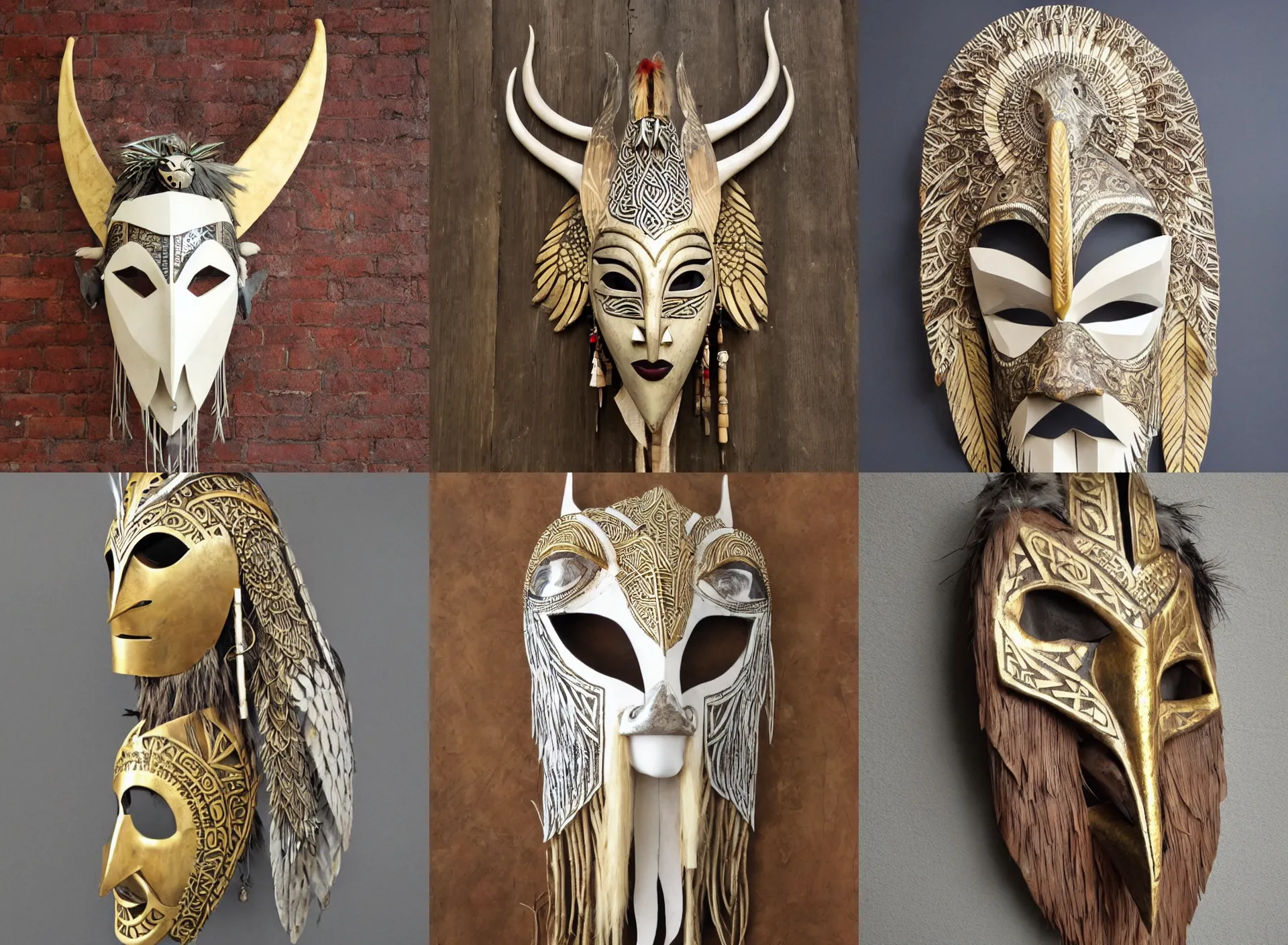 Prompt: viking shaman, african mask, asian female, boho style, wood clay marble ivory crow swan eagle wings head eyes bamboo, golden and silver jewerly Art nouveau, low poly, pattern, modern sculpure