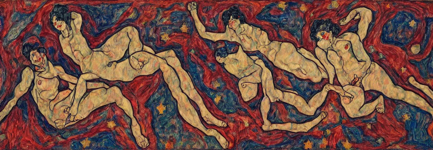 Prompt: an oil painting of two aliens lounging on a blanket made of stars, in the style of egon schiele