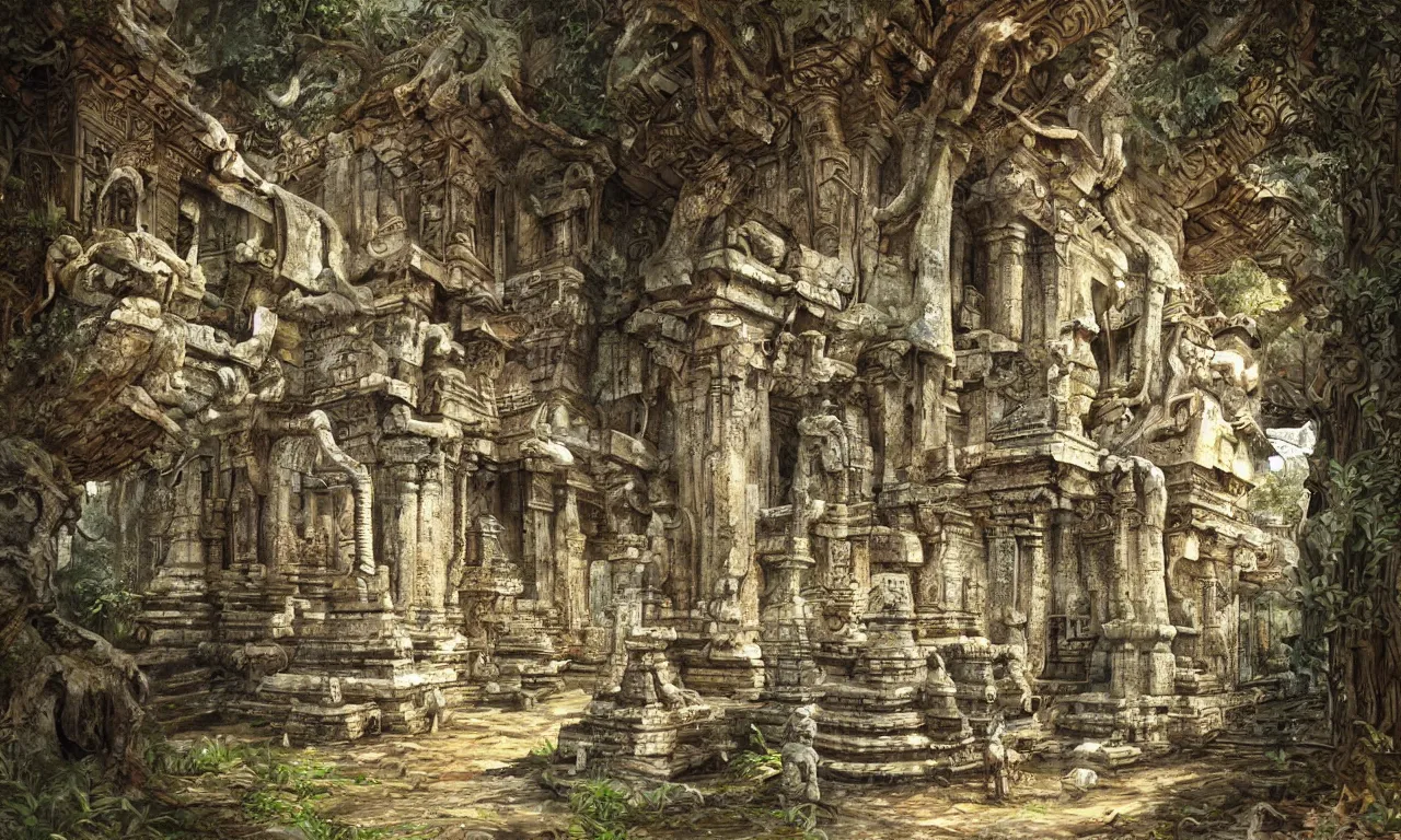 Prompt: hidden biomechanical ancient temple in a beautiful sri lankan landscape, concept art, intricate detail, volumetric shadows and lighting, realistic oil painting,