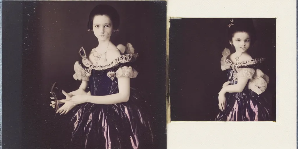 Prompt: A young beauty girl wearing a costume of the Queen of the night of Mozart, professional studio photo, polaroid camera, 4k