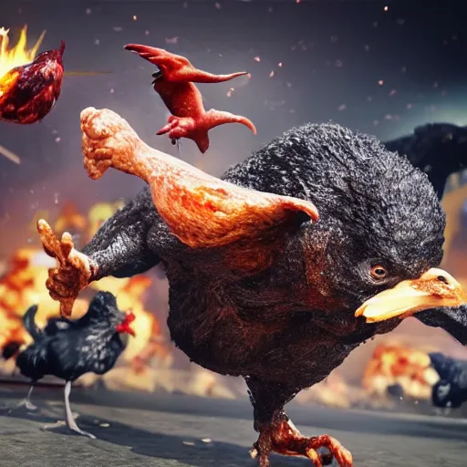 Prompt: Big dark person destroying chicken world, hyper realistic, 4k, high detailed, octane rader