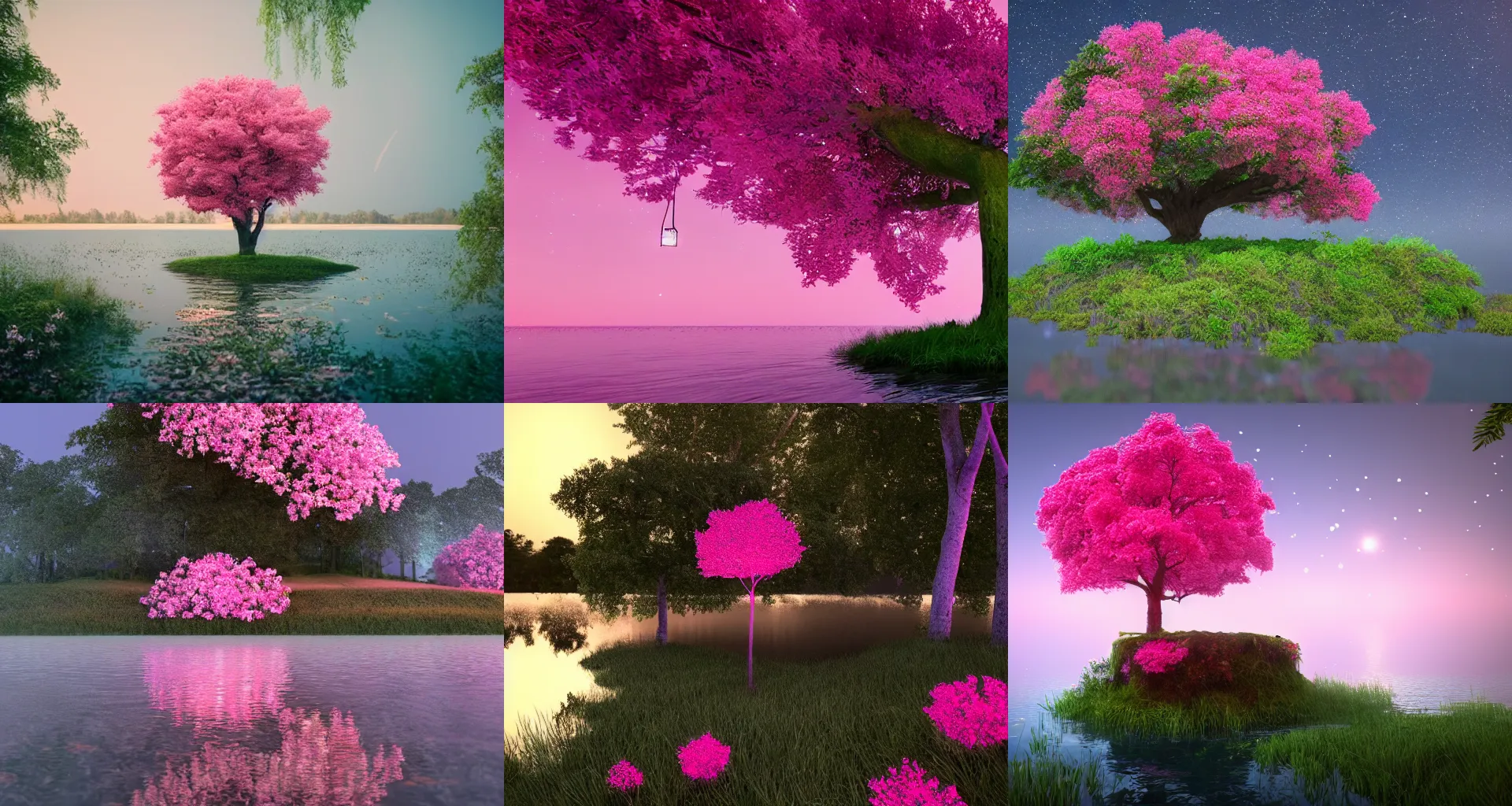 Prompt: tree on a tiny overgrown island in the middle of a lake, pink flowers, lanterns, night, stars, glowing, 4 k, hd, digital art, octane render, trending on artstation