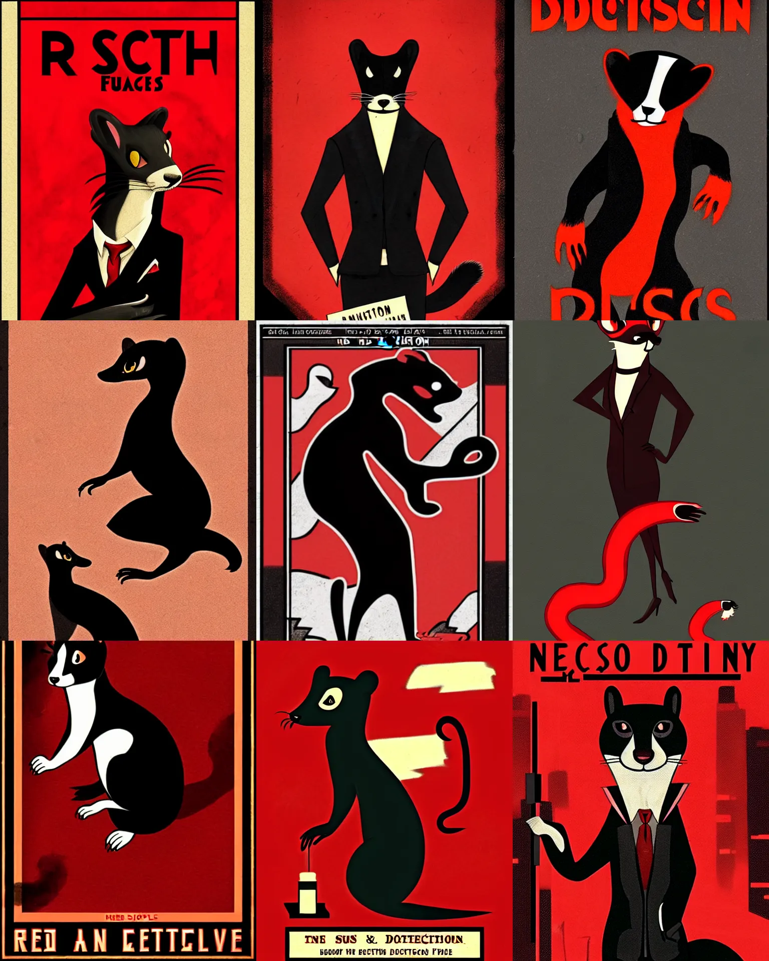 Prompt: red - and - black weasel / stoat fursona, neo - noir setting, 1 9 2 0 s detective fiction cover art style