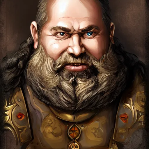 Prompt: portrait, 40 years old man :: fantasy dwarf :: thick beard, brown eyes, short pure white hair :: full plate armor, golden decoration :: high detail, digital art, RPG, concept art, illustration