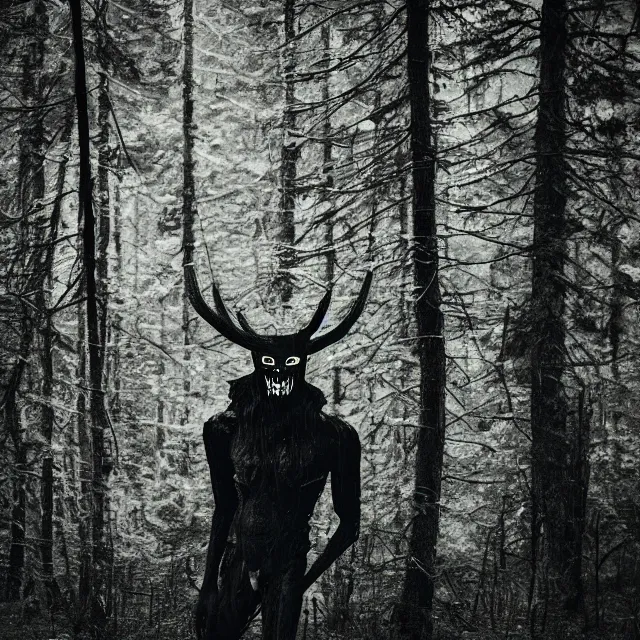 Image similar to bloody wendigo in forest at night, night vision, shot from done, grainy