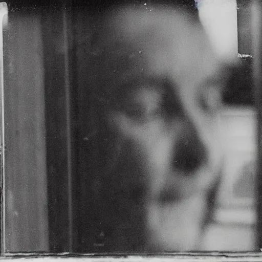 Prompt: zoomed cropped portrait of a voyeuristic stare of a neighbor through a window, telephoto lens, black and white B&W, vintage photograph, Historical Archive