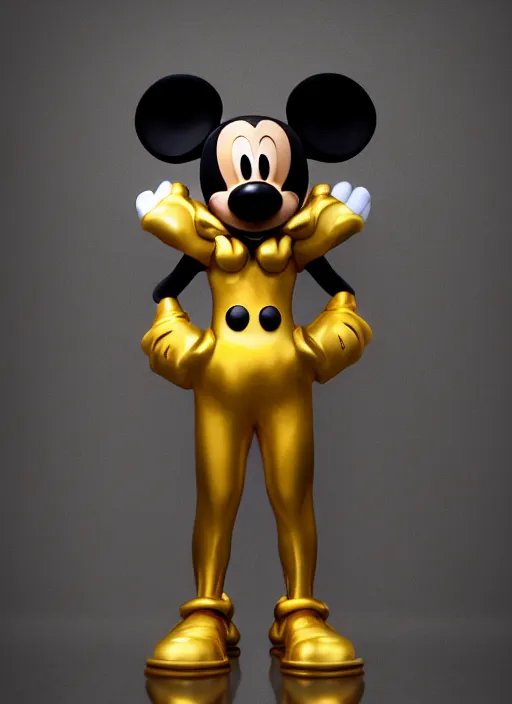 Image similar to stylized gold onyx ornate statue full body made of marble of disney character mickey mouse, perfect symmetrical body, perfect symmetrical face, hyper realistic, hyper detailed, by johannen voss, by michelangelo, octane render, blender, 8 k, displayed in pure white studio room