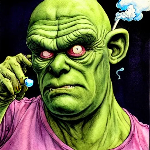 Image similar to a realistic and atmospheric watercolour fantasy character concept art portrait of slimer from ghostbusters with pink eyes wearing a wife beater and smoking a huge blunt by rebecca guay, michael kaluta, charles vess and jean moebius giraud