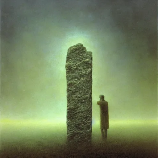 Prompt: arm reaching out of thick fog, stelae floating across the sky, zdzislaw beksinski