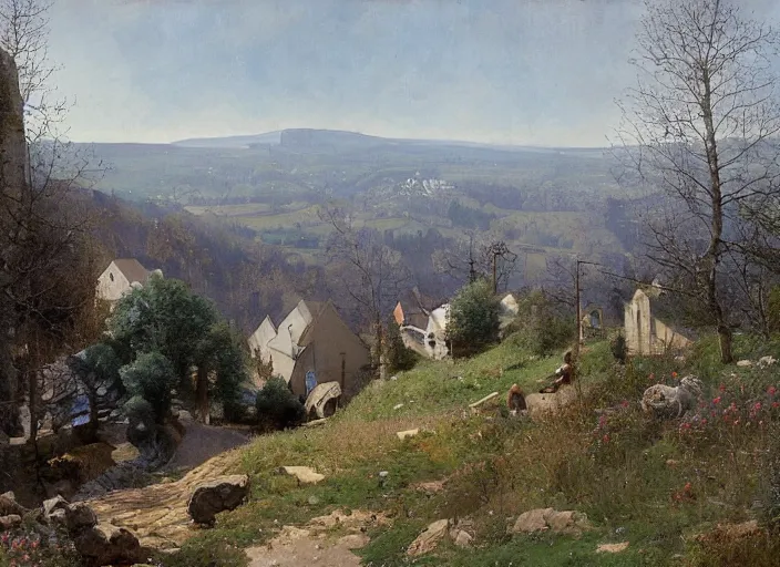 Image similar to from an upstairs window, looking up steep slope, road to church atop hill, playing fields to the right, small stone buildings, carl spitzweg, david curtis, morgan weistling, jim beckner, michael alford, craig mullins, jeremy mann