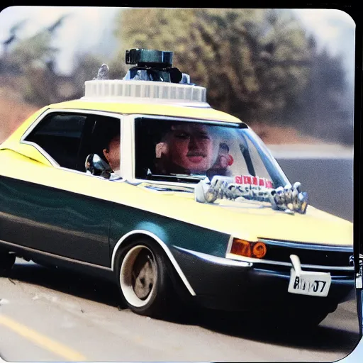 Image similar to Duane Johnson driving Apple Car, polaroid photograph, 8k highly detailed