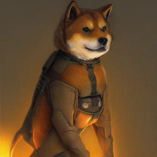 Image similar to realistic anthropomorphic shiba inu, tactical exoskeleton suit, fantasy science fiction, glowing electric aura, by donato giancola and greg rutkowski and wayne barlow and zdzisław beksinski, realistic face, visible face, digital art, artstation, symmetry