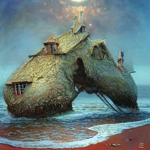 Prompt: a single house on an island in the sea, art by karol bak