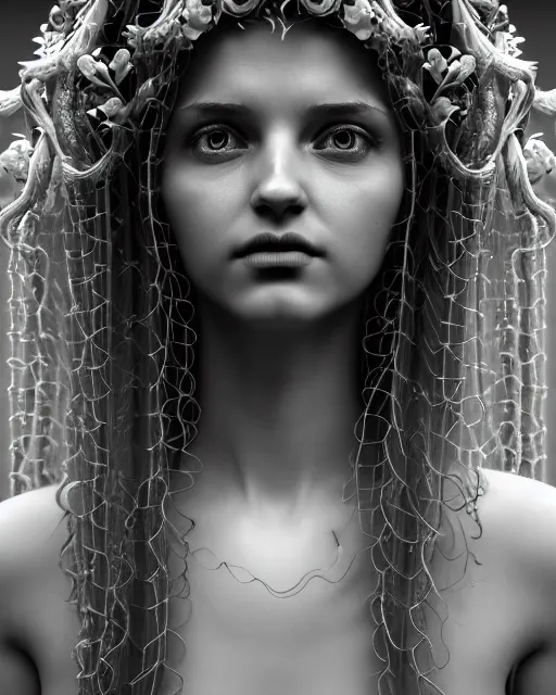 Image similar to mythical dreamy underwater artistic black and white 3 d render of a translucent beautiful young female angelic - medusa - vegetal - doll, highly detailed, intricate crystal ivy jelly ornate, poetic, translucent algae ornate, digital art, octane render, 8 k artistic photography, photo - realistic, hg giger flora borsi