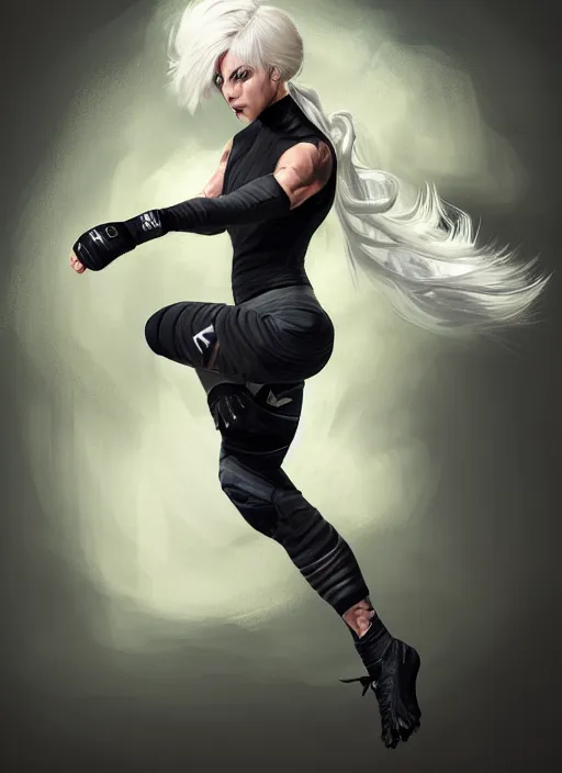 Image similar to a highly detailed illustration of fierce ponytail platinum blonde woman wearing black mma gear and gloves, dramatic powerful kicking pose, fairly muscular, athletic, intricate, elegant, highly detailed, centered, digital painting, artstation, concept art, smooth, sharp focus, league of legends concept art, WLOP