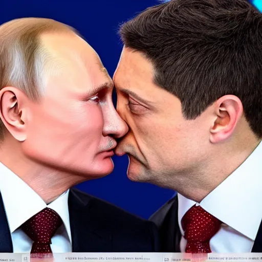 Image similar to Vladimir Putin kissing Zelensky ultra realistic