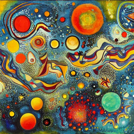 Prompt: A hd surrealism landscape of voynich galaxy starry sculptures by dali and kandinsky, acrylic, ultra realistic, 8k