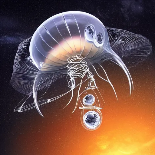 Image similar to design of a cute damaged spaceship shaped like a mechanical jelly fish flying in hyperspace, beautiful clear detailed 8k digital art, final render