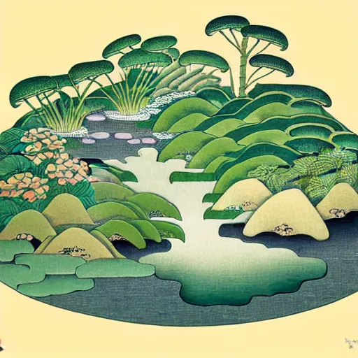 Image similar to 3d isometric botanical illustration of a waterfall with miniature boats in a circular landscale, diego rivera in Ukiyo-e style, HD