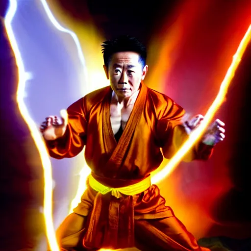 Image similar to uhd candid photo of cosmic jet li as a super sayian powering up, glowing, global illumination, studio lighting, radiant light, hyperdetailed, correct face, elaborate intricate costume. photo by annie leibowitz